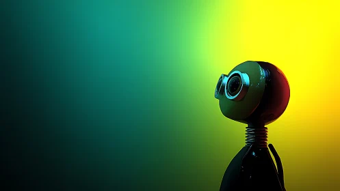 Glossy cartoon robot under neon gradient rim light.