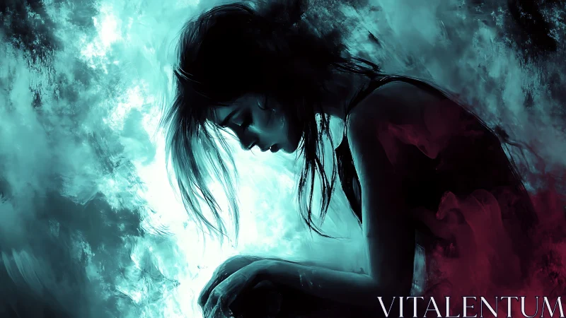 Solitary woman in moody teal and magenta abstract light.