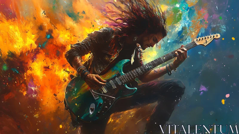 Electric guitarist erupts in color as bold sound fills the air