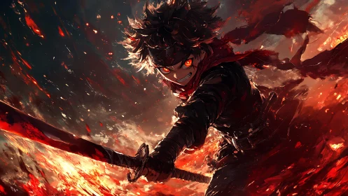 Blade-born inferno warrior cuts through a storm of embers.
