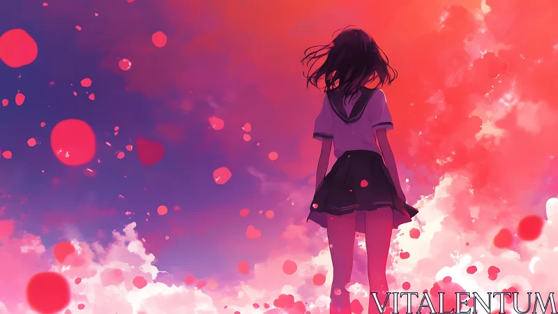 Skyward schoolgirl amid drifting petals at dusk.