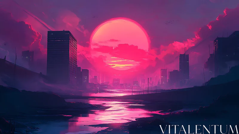 Neon dusk swallows the city while rivers mirror its glow