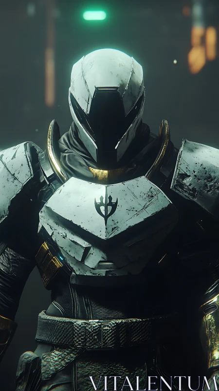 Armored sci fi sentinel rendered with worn metallic plating and HDR light