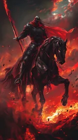 Armored dark knight on warhorse above erupting magma field
