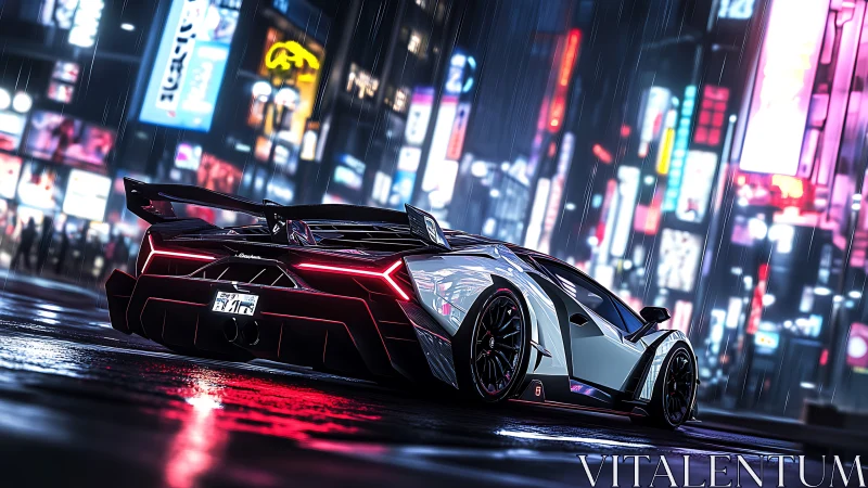 Cyberpunk supercar render in neon-soaked night cityscape.