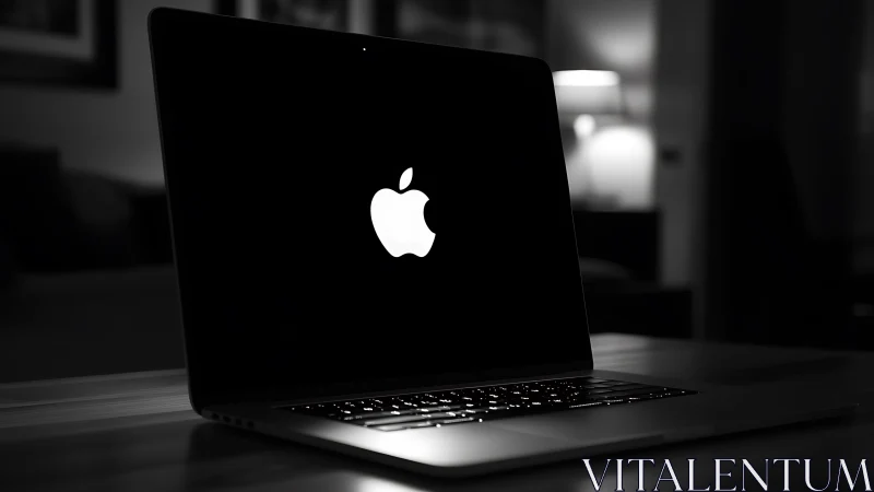 Backlit laptop logo illuminates keyboard in low-key monochrome