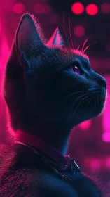 Neon city cat gazes upward in glowing magenta light
