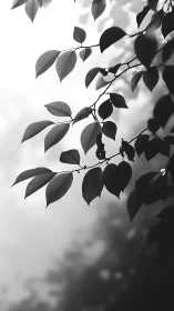 Monochrome leaves silhouette against soft morning fog.