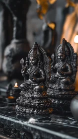 Bronze Hindu deity figurines on marble altar in candlelight.