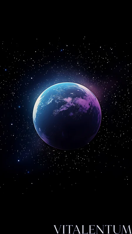 Planet illuminated by blue and purple light in deep space