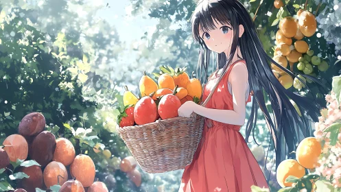 Anime girl holding fruit basket in sunlit orchard scene.