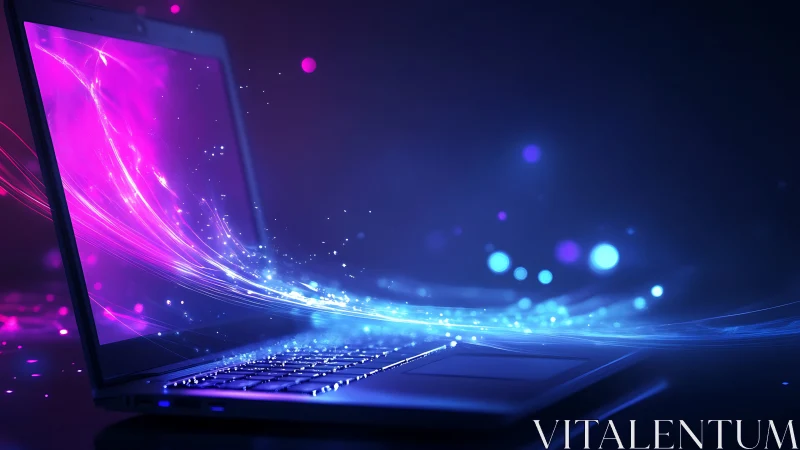 Glowing laptop with flowing neon light and digital magic.