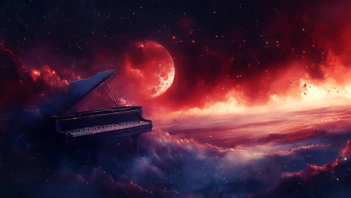 Celestial grand piano drifting through crimson lunar nebula.