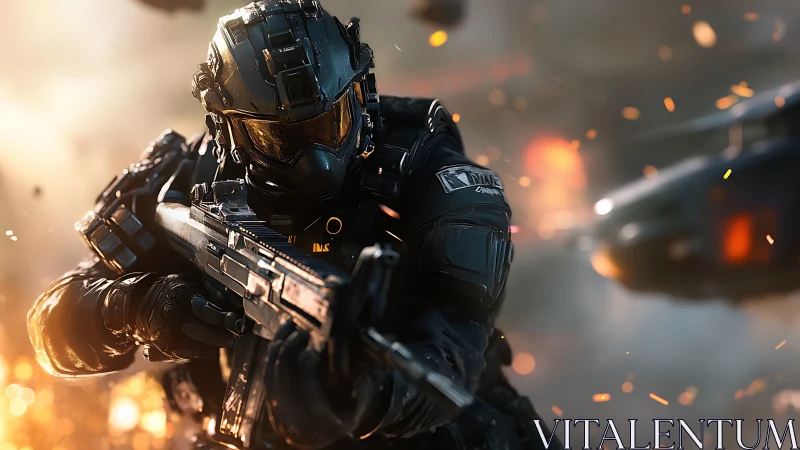 Futuristic armored soldier aims rifle in fiery battle.