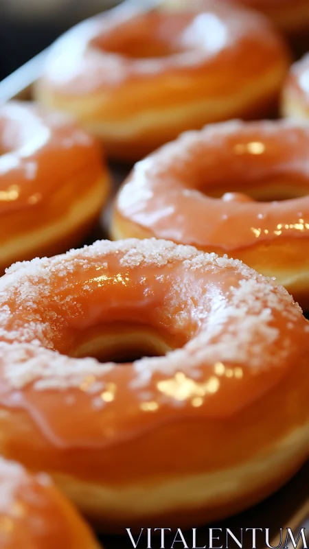 Glazed ring doughnuts with caramel sheen and sugar crystals.