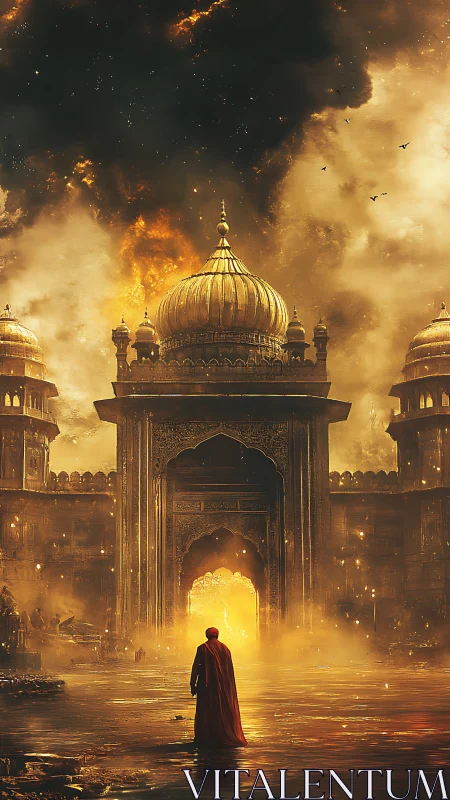 Solitary figure before burning domed palace entrance.