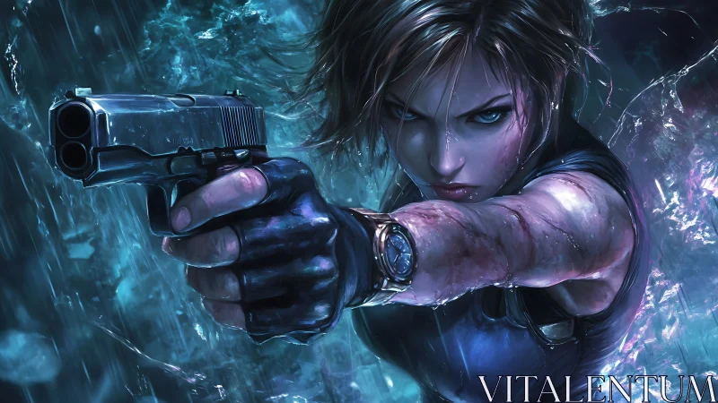 Battle-hardened heroine aiming pistol in neon rainstorm.