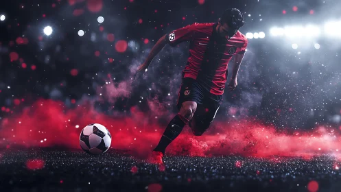 Soccer player advancing ball through red illuminated field.