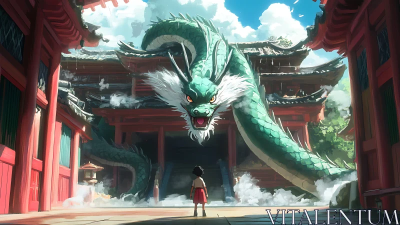 Emerald dragon confronts child before ruined temple gate.
