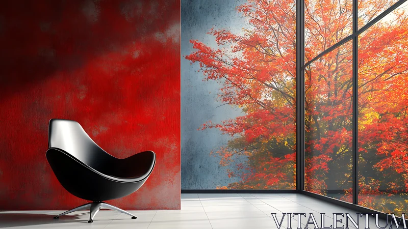 Modern black lounge chair beside panoramic autumn glazing.