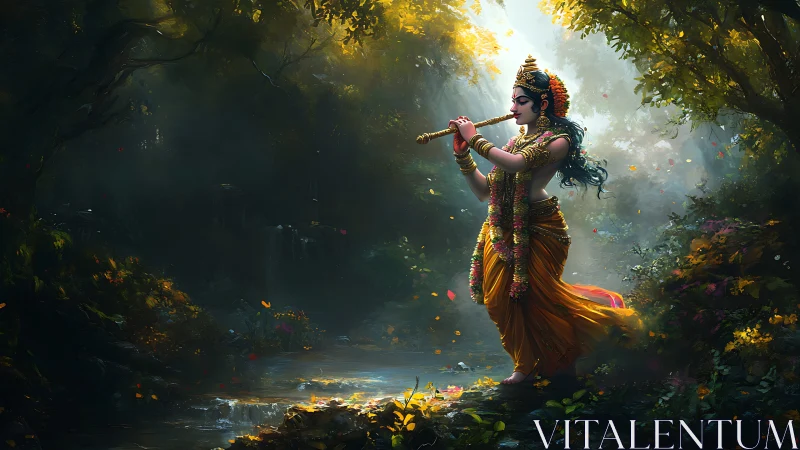 Graceful flute player wandering through a glowing forest.