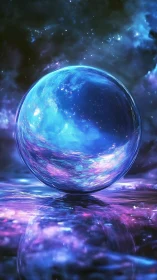 Luminous spherical object over reflective cosmic surface.