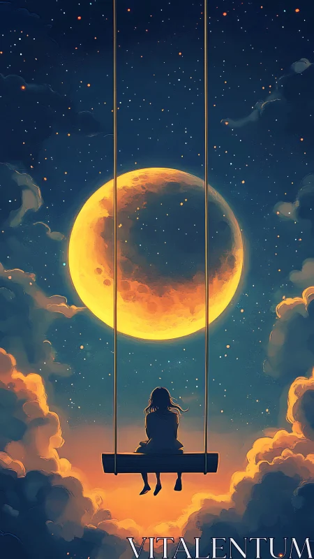 Digital painting of girl on swing beneath luminous full moon.
