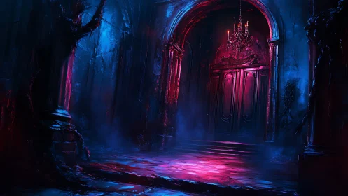 Crimson moonlight tiptoes toward the forbidden velvet door