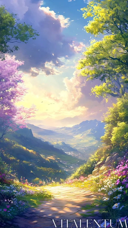 Sunlit mountain path opens toward distant green valley