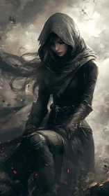 Hooded female figure in dark cloak amid drifting embers.