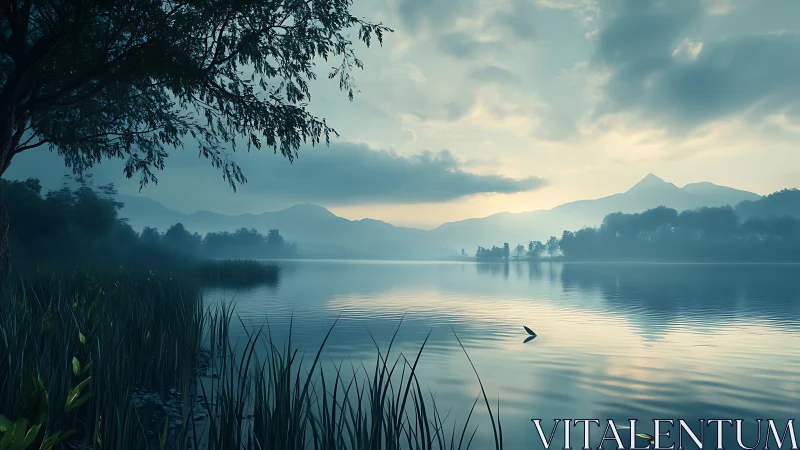 Mist-kissed mountain lake humming with whispered dawn calm.