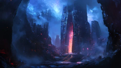 Stormlit obsidian gate ignites a cosmic abyss of ruins.