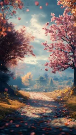 Sunlit forest path framed by pink blossom trees in fall.