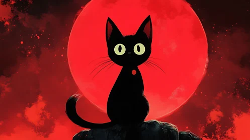 Black silhouette cat against scarlet lunar backdrop.