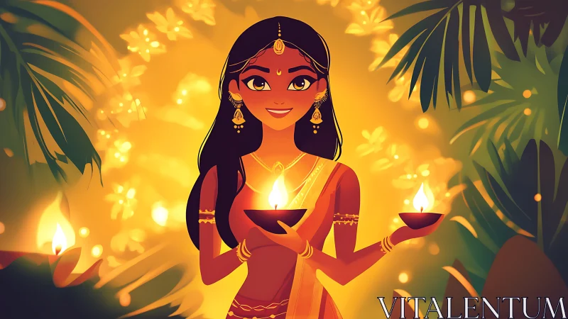 Festive Indian girl holding glowing diyas in lush tropical garden