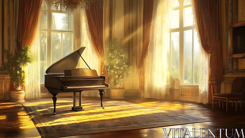 Grand piano glows in sunlit baroque salon interior.