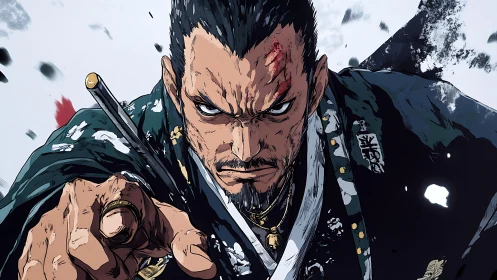 Battle-hardened samurai lunges forward with drawn katana.