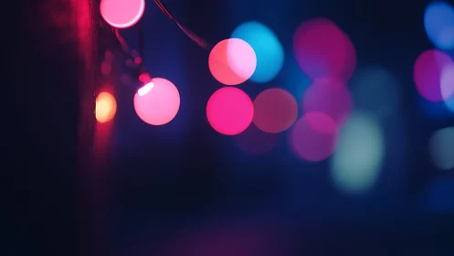 Pink and blue string lights glowing against dark background.