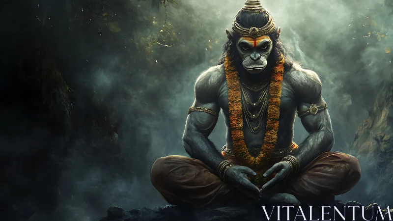 Divine simian warrior meditates in mist laden forest.