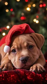 Christmas puppy portrait with Santa hat and bokeh lights.