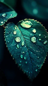 Rain-jewelled leaf leans into teal-tinted twilight hush