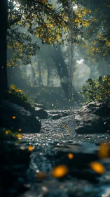Peaceful forest stream with golden leaves drifting softly.