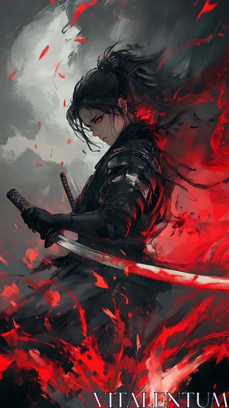 Crimson-energized ronin framed by turbulent brushstroke vortex.