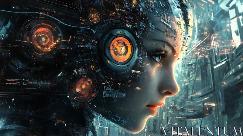 Cybernetic female profile integrates glowing neural interface rings