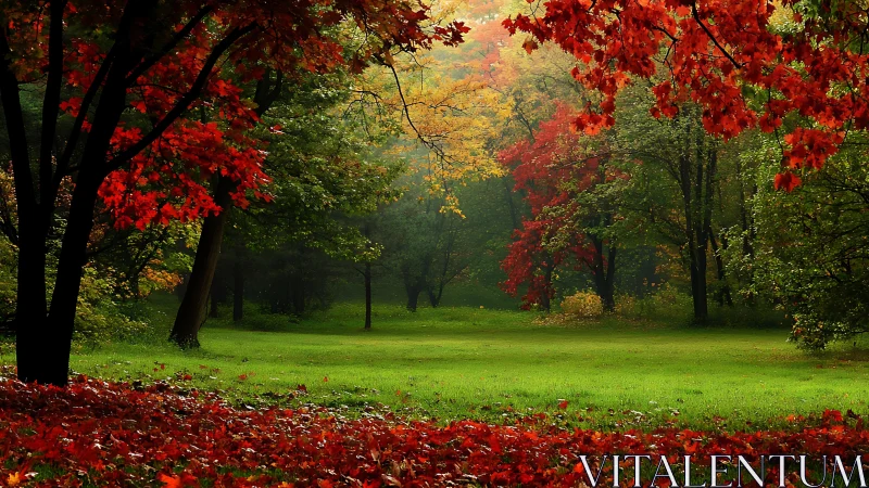 Autumn woodland clearing captures saturated foliage under soft haze