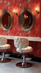 Two white salon chairs face oval mirrors on red wall