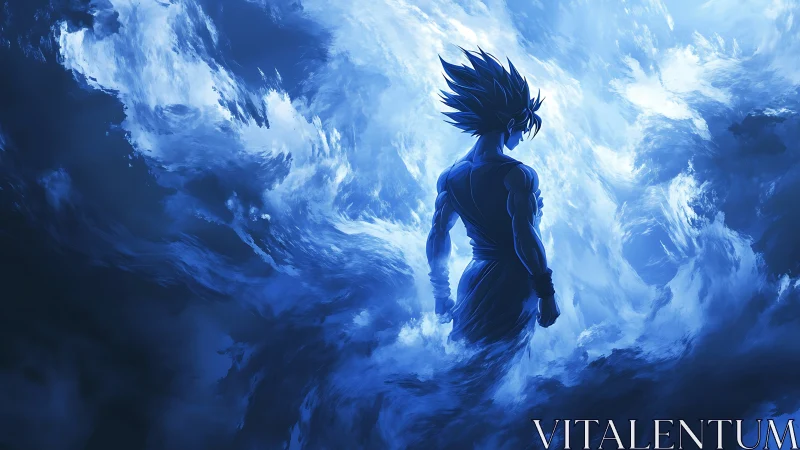 Celestial warrior silhouette immersed in swirling blue energy.