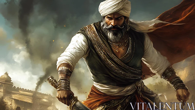 Storm-eyed desert warlord strides through embattled dawn.