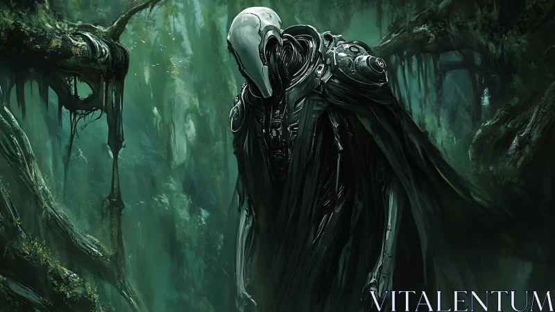 Mysterious armored android wanders quietly through a misty forest