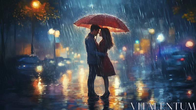 Crimson Parasol Shelters Two Souls Through Rain-Drenched City Nights